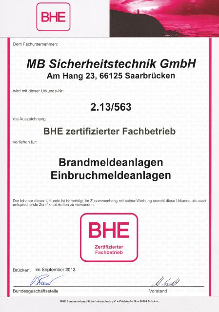 BHE zertifizierter Fachbetrieb für BMA und EMA
